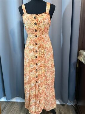 Smocked Strap Orange Print Button-Front Maxi Dress